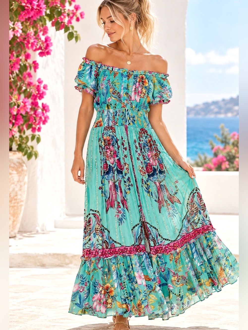 Me 2 Magic Blue Floral Metallic Maxi Dress Medium Off Shoulder Boho